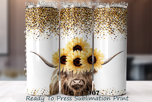 Floral Highland Cow, RTP Sublimation Tumbler Wrap, 30 oz, 20 oz, 15oz, 12 oz, Sublimation Print