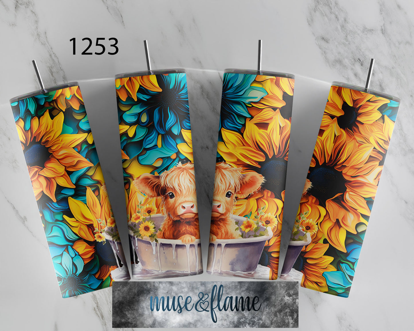 Sunflower Highland Cow, RTP Sublimation Tumbler Wrap, 30 oz, 20 oz, 15oz, 12 oz, Sublimation Print