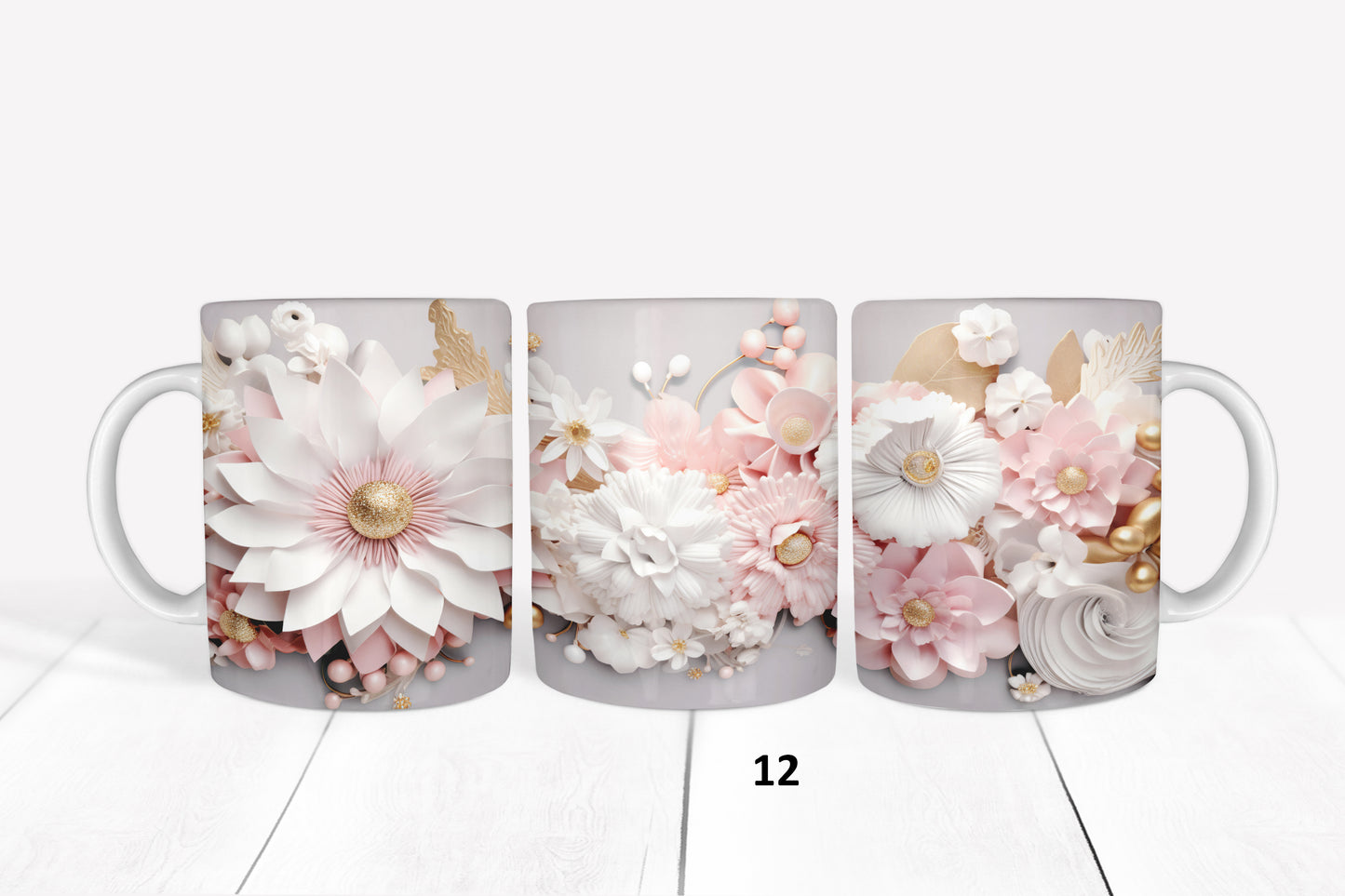 White and Pink Floral, RTP Sublimation Coffee Cup Wrap, Mug Wrap, 15oz, 12oz, 11oz, Sublimation Print