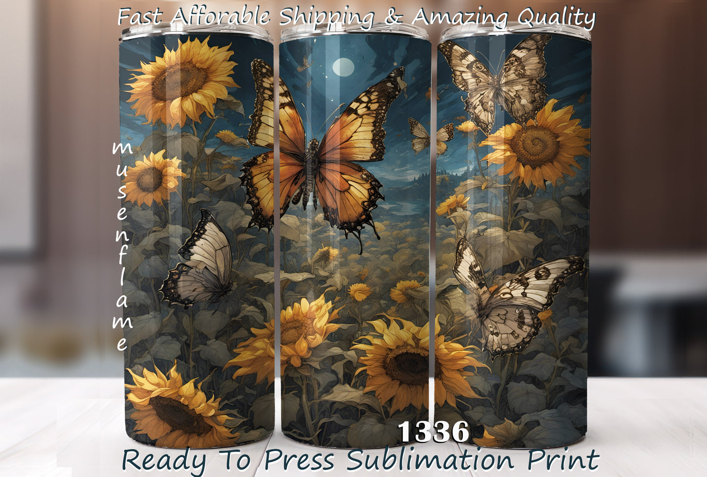 Butterflies Sunflower Field, RTP Sublimation Tumbler Wrap, 30 oz, 20 oz, 15oz, 12 oz, Sublimation Print