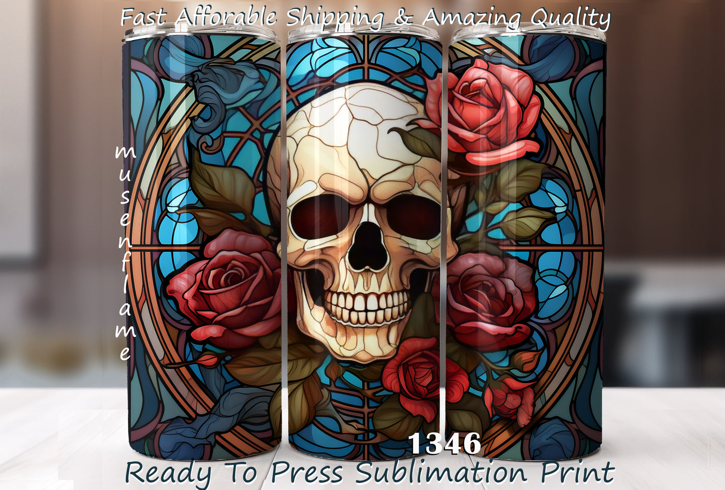 Stained Glass Skull, RTP Sublimation Tumbler Wrap, 30 oz, 20 oz, 15oz, 12 oz, Sublimation Print