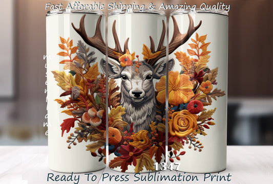 Embroidered Deer, RTP Sublimation Tumbler Wrap, 30 oz, 20 oz, 15oz, 12 oz, Sublimation Print