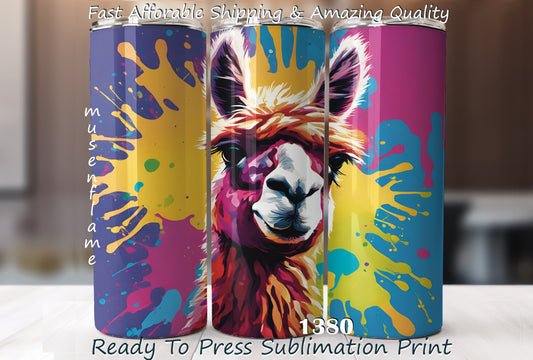 Cute Paint Splatter Llama, RTP Sublimation Tumbler Wrap, 30 oz, 20 oz, 15oz, 12 oz, Sublimation Print