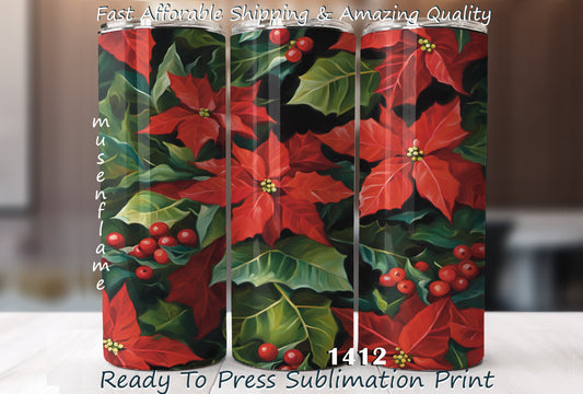 Christmas Poinsettias, RTP Sublimation Tumbler Wrap, 30 oz, 20 oz, 15oz, 12 oz, Sublimation Print