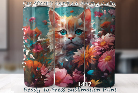 Floral Cat, RTP Sublimation Tumbler Wrap, 30 oz, 20 oz, 15oz, 12 oz, Sublimation Print