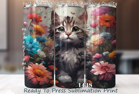 Floral Cat, RTP Sublimation Tumbler Wrap, 30 oz, 20 oz, 15oz, 12 oz, Sublimation Print