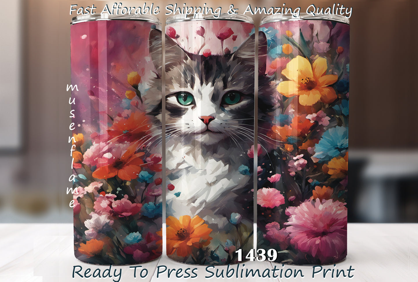 Floral Cat, RTP Sublimation Tumbler Wrap, 30 oz, 20 oz, 15oz, 12 oz, Sublimation Print