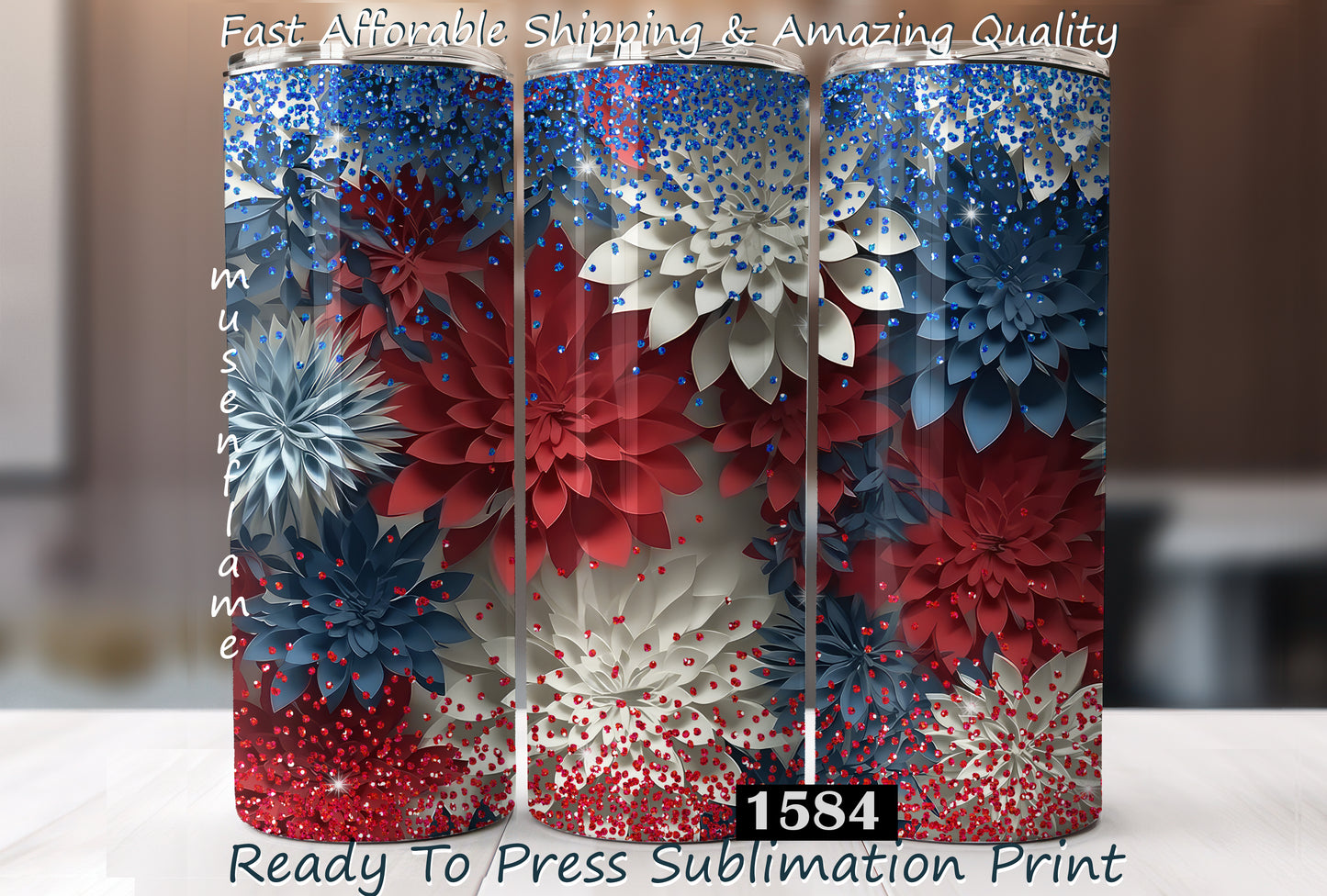 Patriotic Flowers, RTP Sublimation Tumbler Wrap, 30 oz, 20 oz, 15oz, 12 oz, Sublimation Print