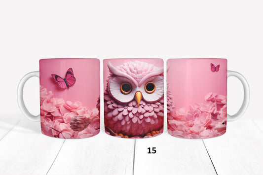 Pink Owl, Valentines Day, RTP Sublimation Coffee Cup Wrap, Mug Wrap, 15oz, 12oz, 11oz, Sublimation Print