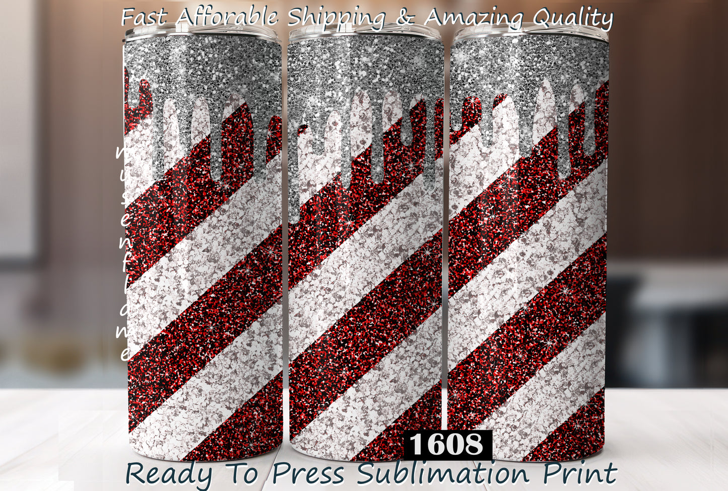 Dripping Glitter, Red and White Stripes, RTP Sublimation Tumbler Wrap, 30 oz, 20 oz, 15oz, 12 oz, Sublimation Print