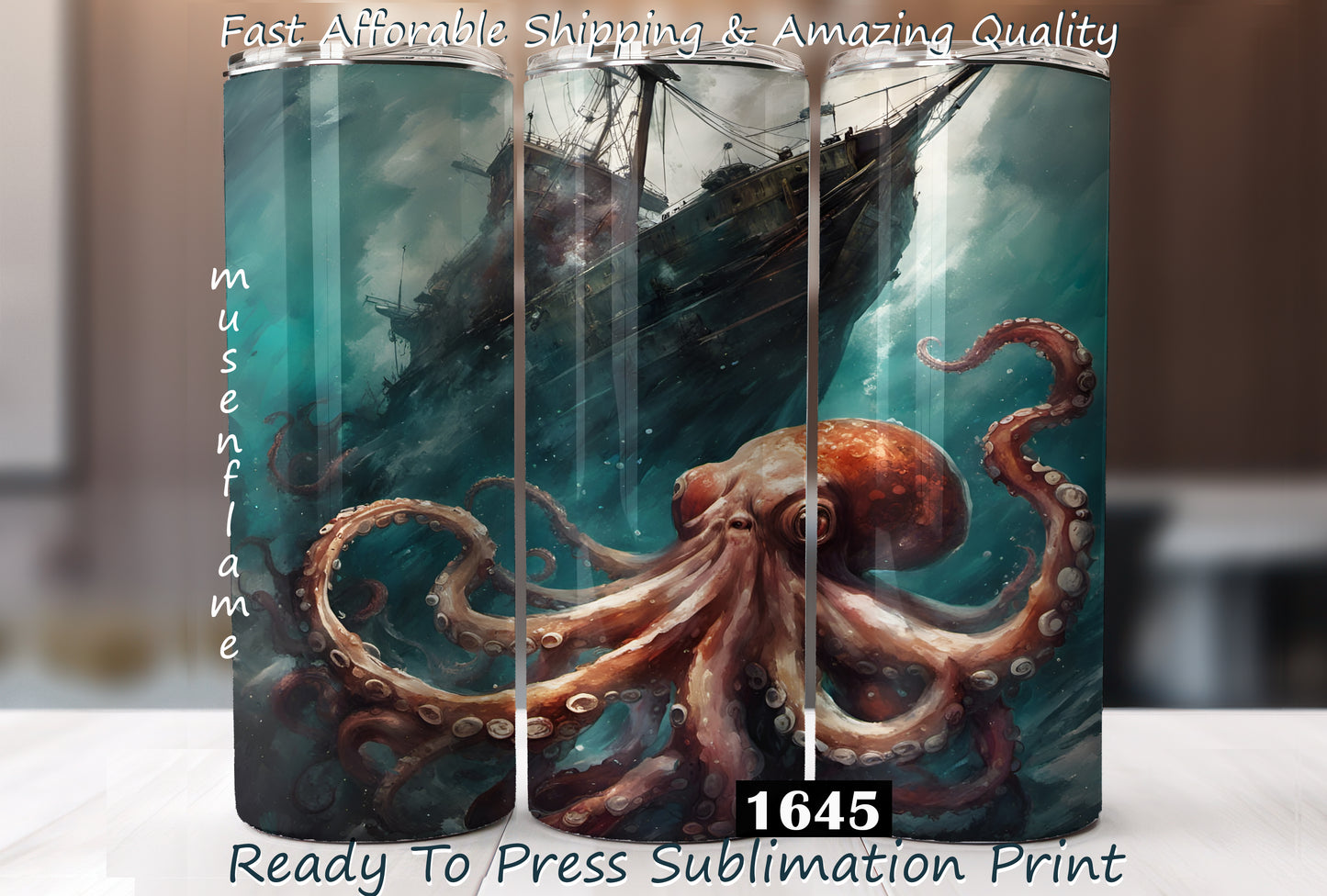 Sunken Ship, Octopus, RTP Sublimation Tumbler Wrap, 30 oz, 20 oz, 15oz, 12 oz, Sublimation Print