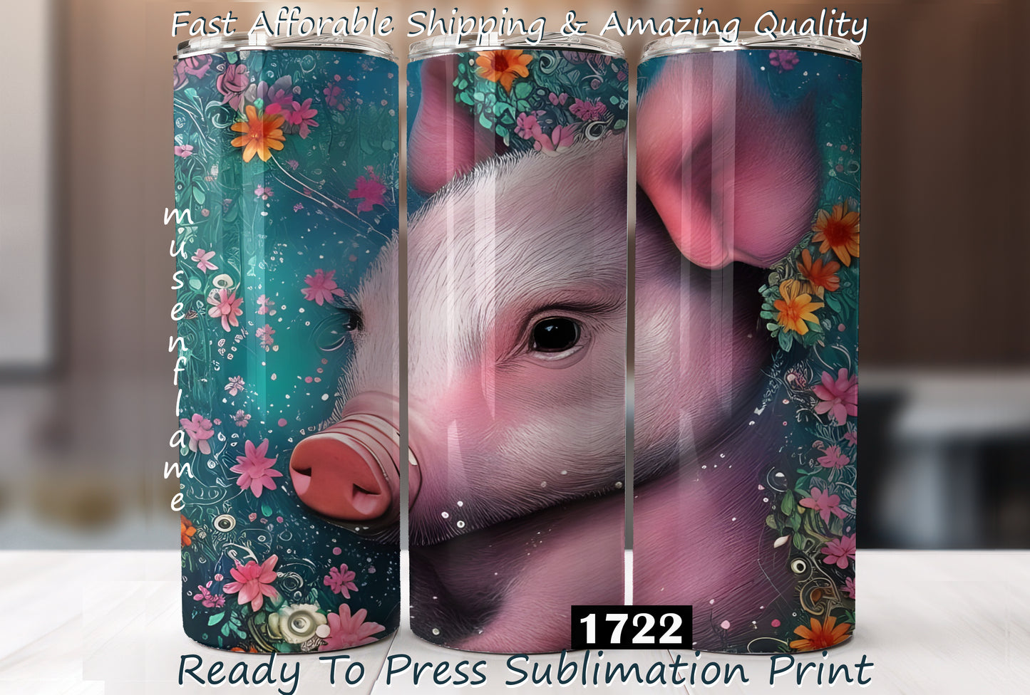 Floral Pig, RTP Sublimation Tumbler Wrap, 30 oz, 20 oz, 15oz, 12 oz, Sublimation Print