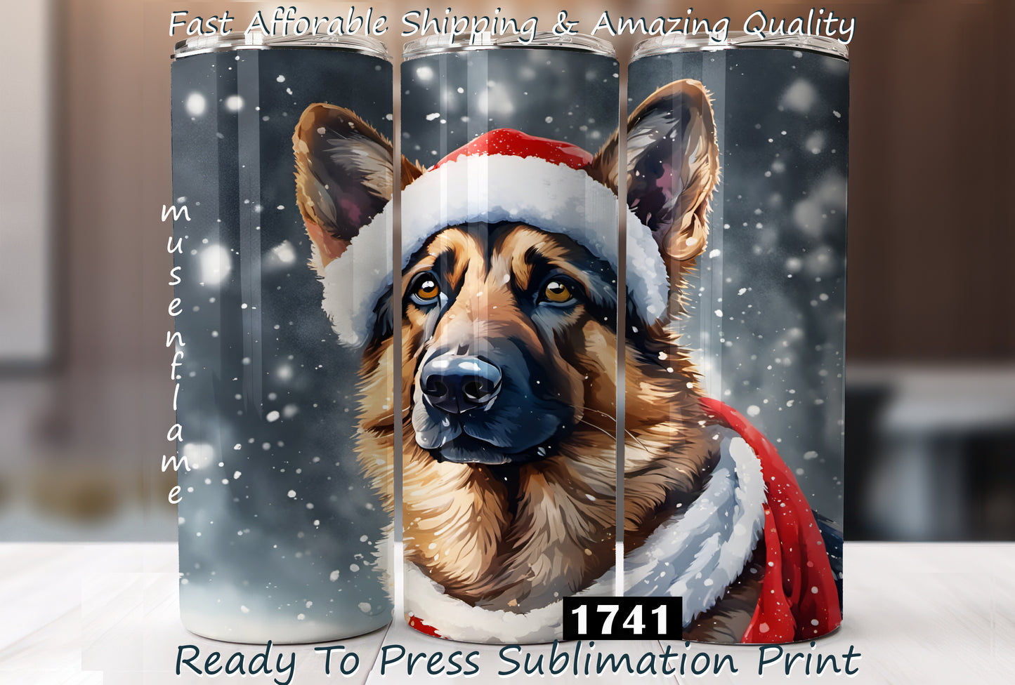 Christmas German Shepherd, RTP Sublimation Tumbler Wrap, 30 oz, 20 oz, 15oz, 12 oz, Sublimation Print