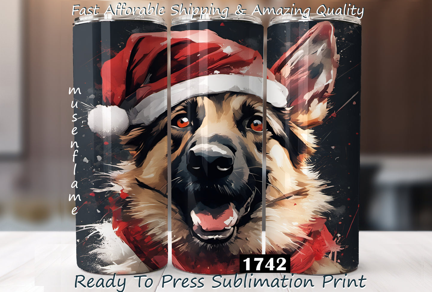 Christmas German Shepherd, RTP Sublimation Tumbler Wrap, 30 oz, 20 oz, 15oz, 12 oz, Sublimation Print