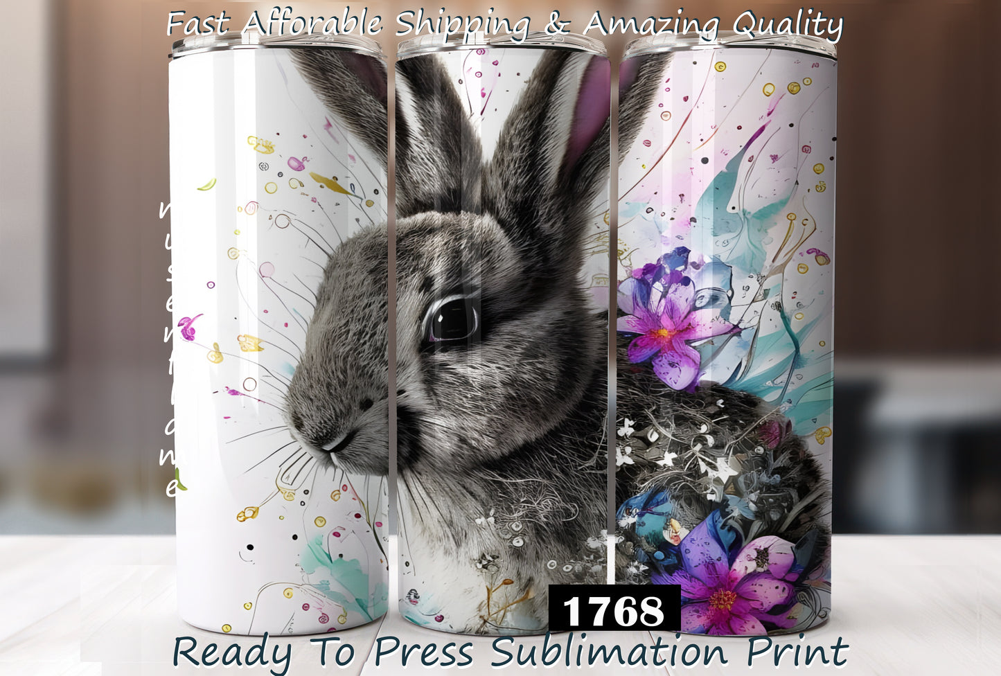 Floral Bunny, RTP Sublimation Tumbler Wrap, 30 oz, 20 oz, 15oz, 12 oz, Sublimation Print