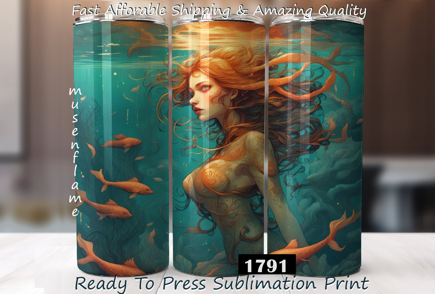 Mermaid Siren, RTP Sublimation Tumbler Wrap, 30 oz, 20 oz, 15oz, 12 oz, Sublimation Print