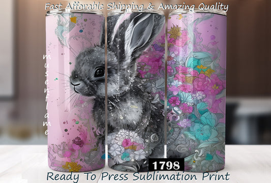 Floral Bunny, RTP Sublimation Tumbler Wrap, 30 oz, 20 oz, 15oz, 12 oz, Sublimation Print