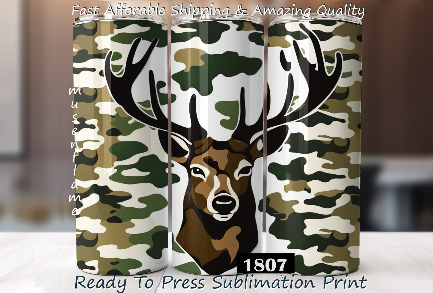 Camo Deer Head Hunting, RTP Sublimation Tumbler Wrap, 30 oz, 20 oz, 15oz, 12 oz, Sublimation Print