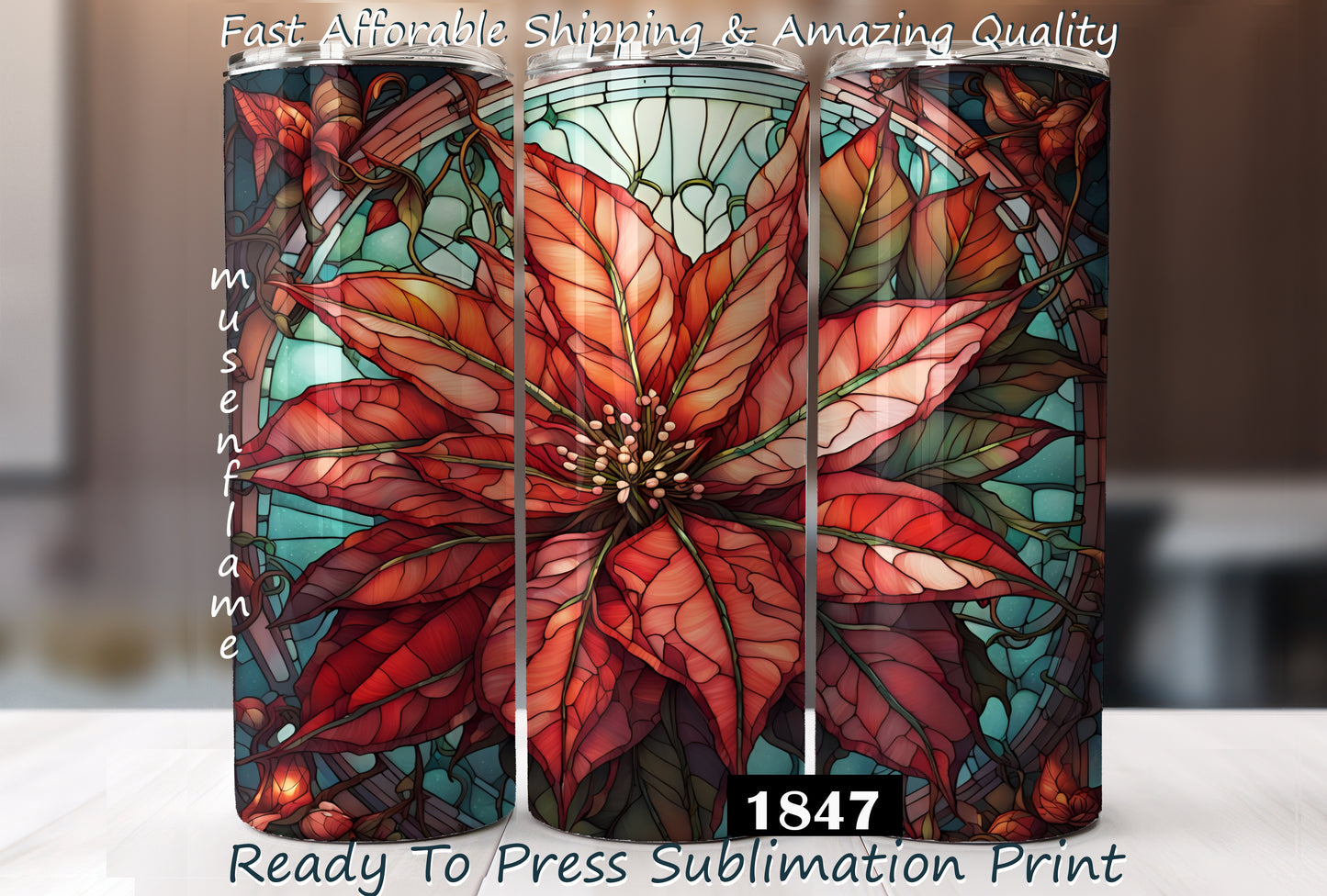 Stained Glass Poinsettias, RTP Sublimation Tumbler Wrap, 30 oz, 20 oz, 15oz, 12 oz, Sublimation Print