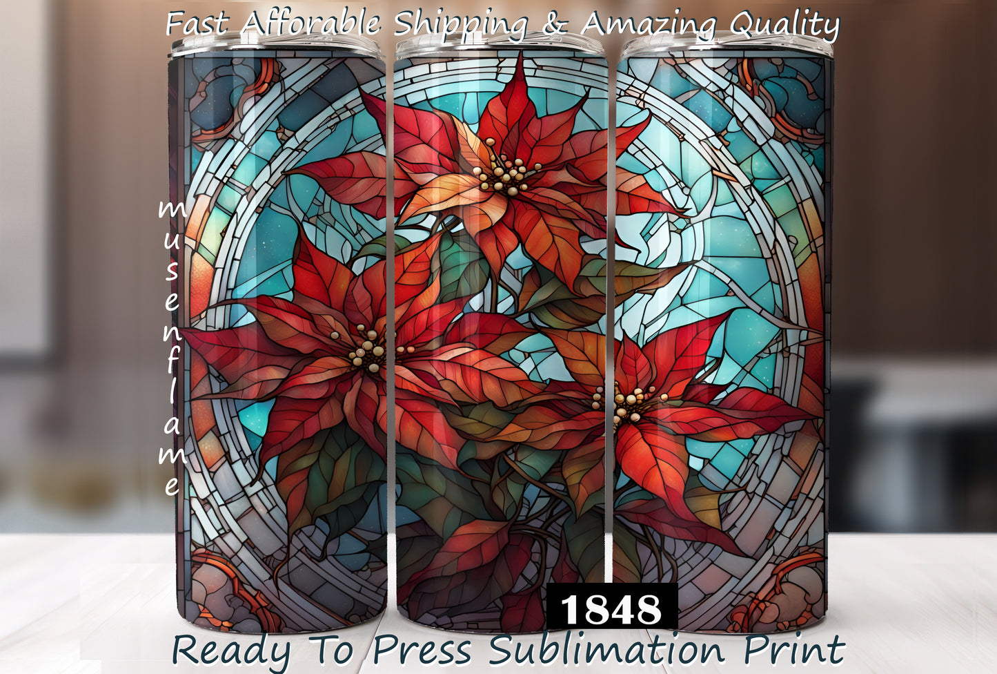 Stained Glass Poinsettias, RTP Sublimation Tumbler Wrap, 30 oz, 20 oz, 15oz, 12 oz, Sublimation Print