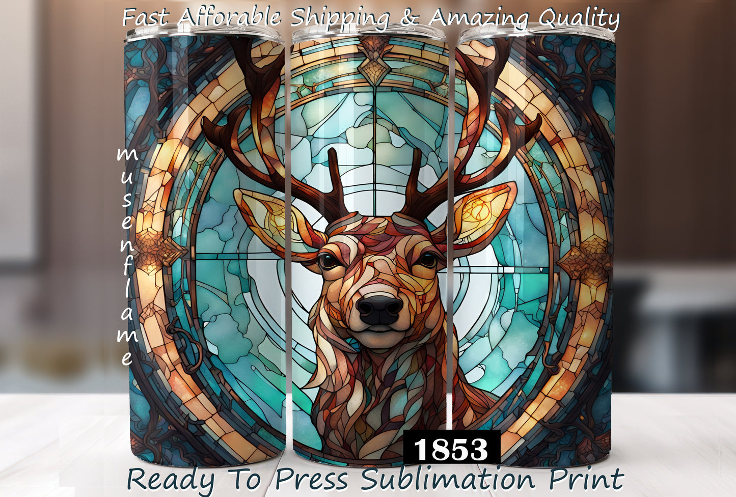 Stained Glass Reindeer, RTP Sublimation Tumbler Wrap, 30 oz, 20 oz, 15oz, 12 oz, Sublimation Print