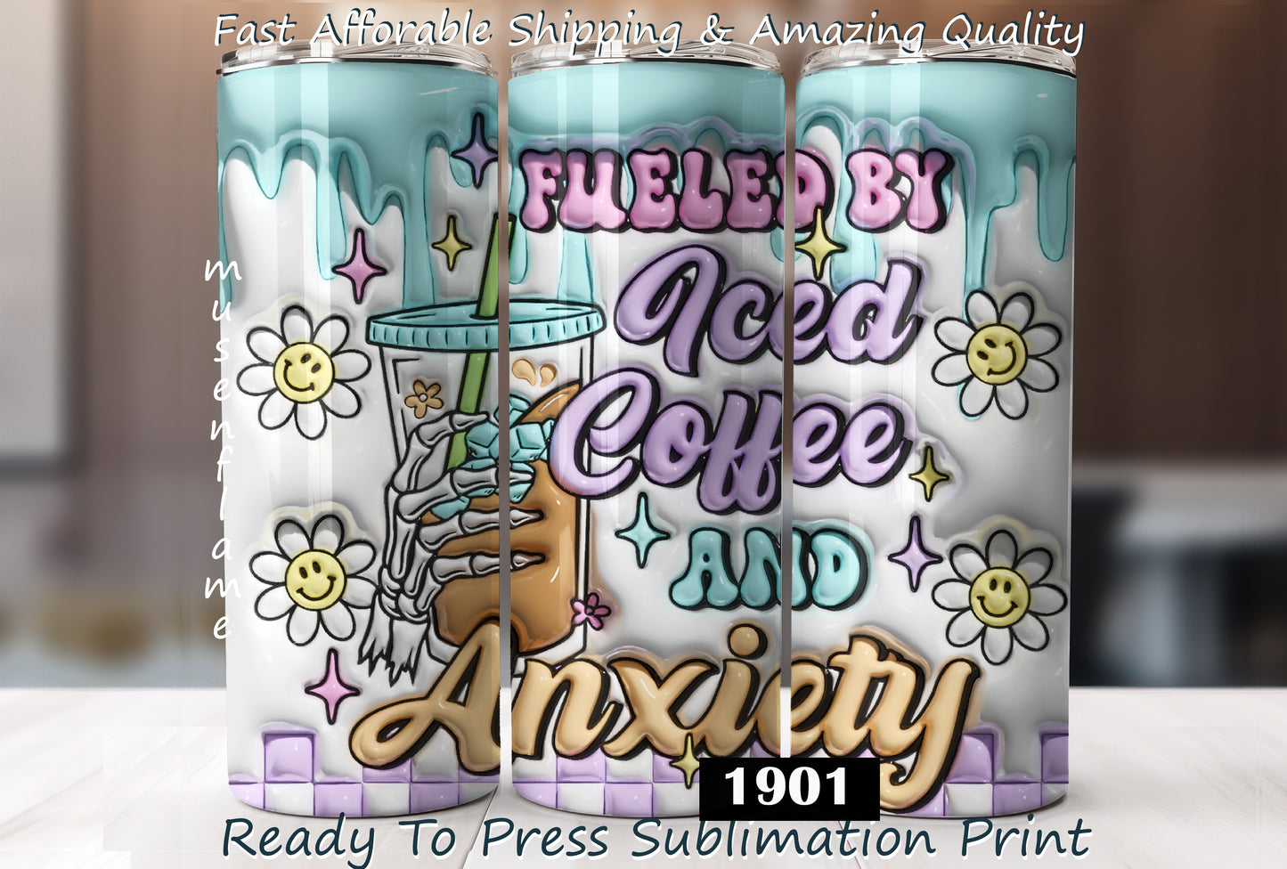 Fueled By Iced Coffee and Anxiety, RTP Sublimation Tumbler Wrap, 30 oz, 20 oz, 15oz, 12 oz, Sublimation Print