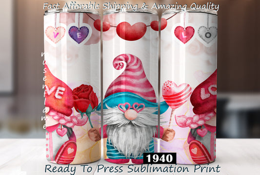 Valentines Day Gnome, RTP Sublimation Tumbler Wrap, 30 oz, 20 oz, 15oz, 12 oz, Sublimation Print