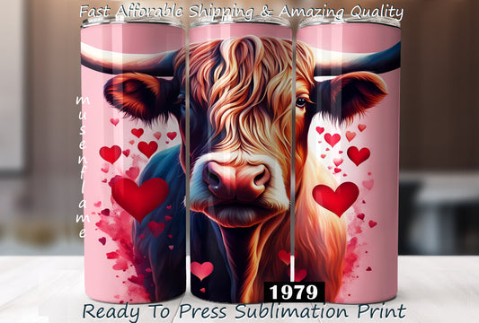 Valentines Day Highland Bull, RTP Sublimation Tumbler Wrap, 30 oz, 20 oz, 15oz, 12 oz, Sublimation Print