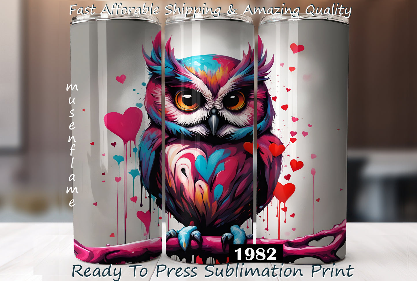 Valentines Day Owl, RTP Sublimation Tumbler Wrap, 30 oz, 20 oz, 15oz, 12 oz, Sublimation Print