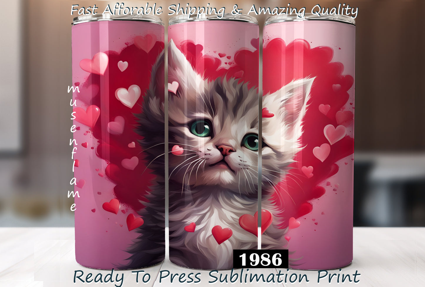 Valentines Day Kitten, RTP Sublimation Tumbler Wrap, 30 oz, 20 oz, 15oz, 12 oz, Sublimation Print