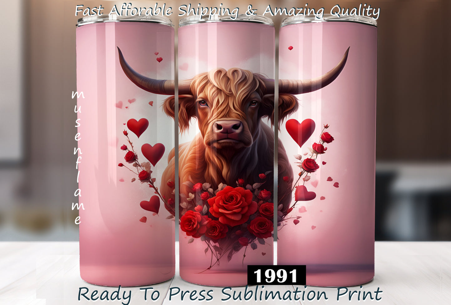 Valentines Day Highland Cow, RTP Sublimation Tumbler Wrap, 30 oz, 20 oz, 15oz, 12 oz, Sublimation Print