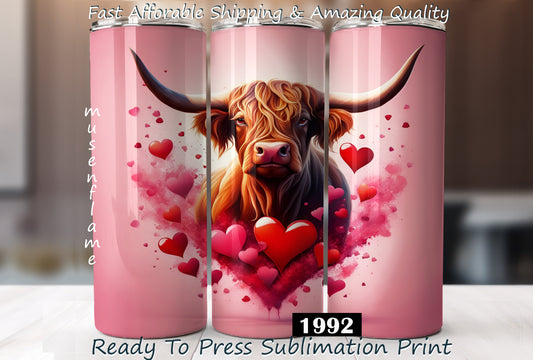 Valentines Day Highland Cow, RTP Sublimation Tumbler Wrap, 30 oz, 20 oz, 15oz, 12 oz, Sublimation Print