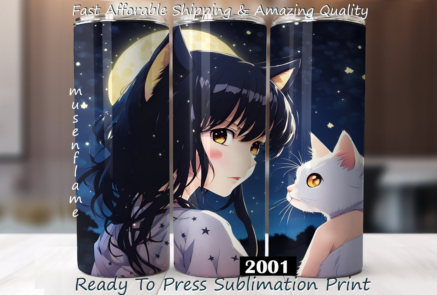 Anime Girl With Cat, RTP Sublimation Tumbler Wrap, 30 oz, 20 oz, 15oz, 12 oz, Sublimation Print