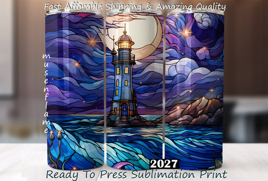 Stained Glass Lighthouse, RTP Sublimation Tumbler Wrap, 30 oz, 20 oz, 15oz, 12 oz, Sublimation Print