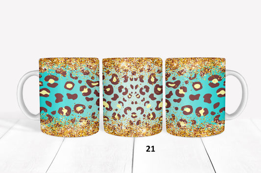 Teal and Gold Leopard, RTP Sublimation Coffee Cup Wrap, Mug Wrap, 15oz, 12oz, 11oz, Sublimation Print