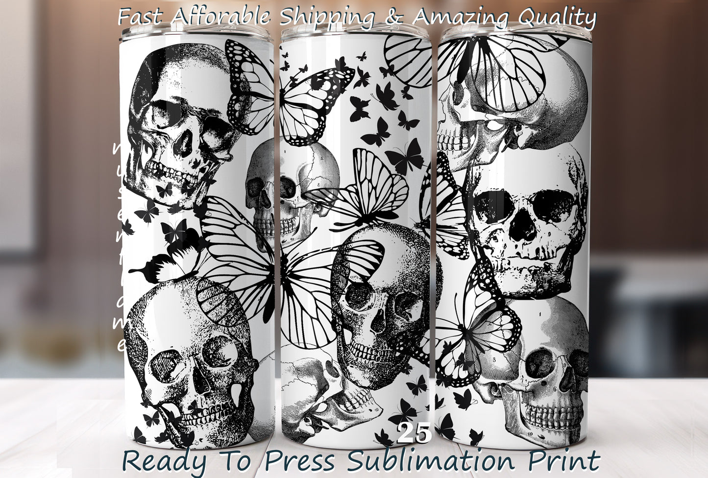 Skulls & Butterflies, RTP Sublimation Tumbler Wrap, 30 oz, 20 oz, 15oz, 12 oz, Sublimation Print