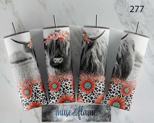 Floral Highland Cow, RTP Sublimation Tumbler Wrap, 30 oz, 20 oz, 15oz, 12 oz, Sublimation Print