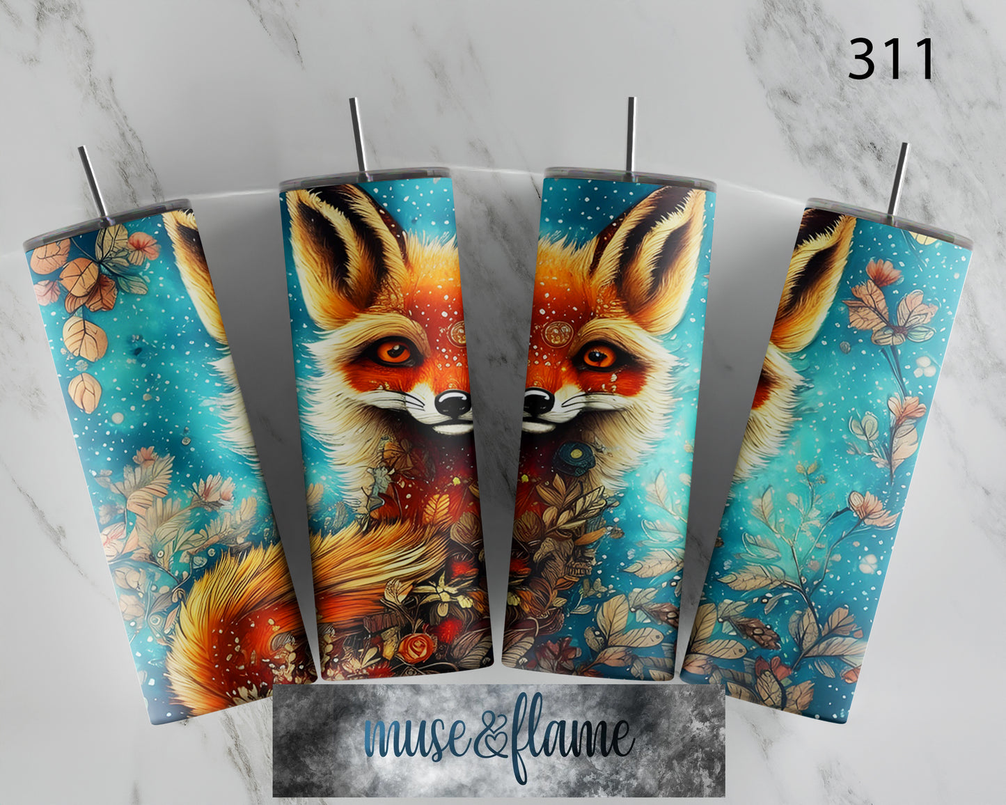 Floral Fox, RTP Sublimation Tumbler Wrap, 30 oz, 20 oz, 15oz, 12 oz, Sublimation Print