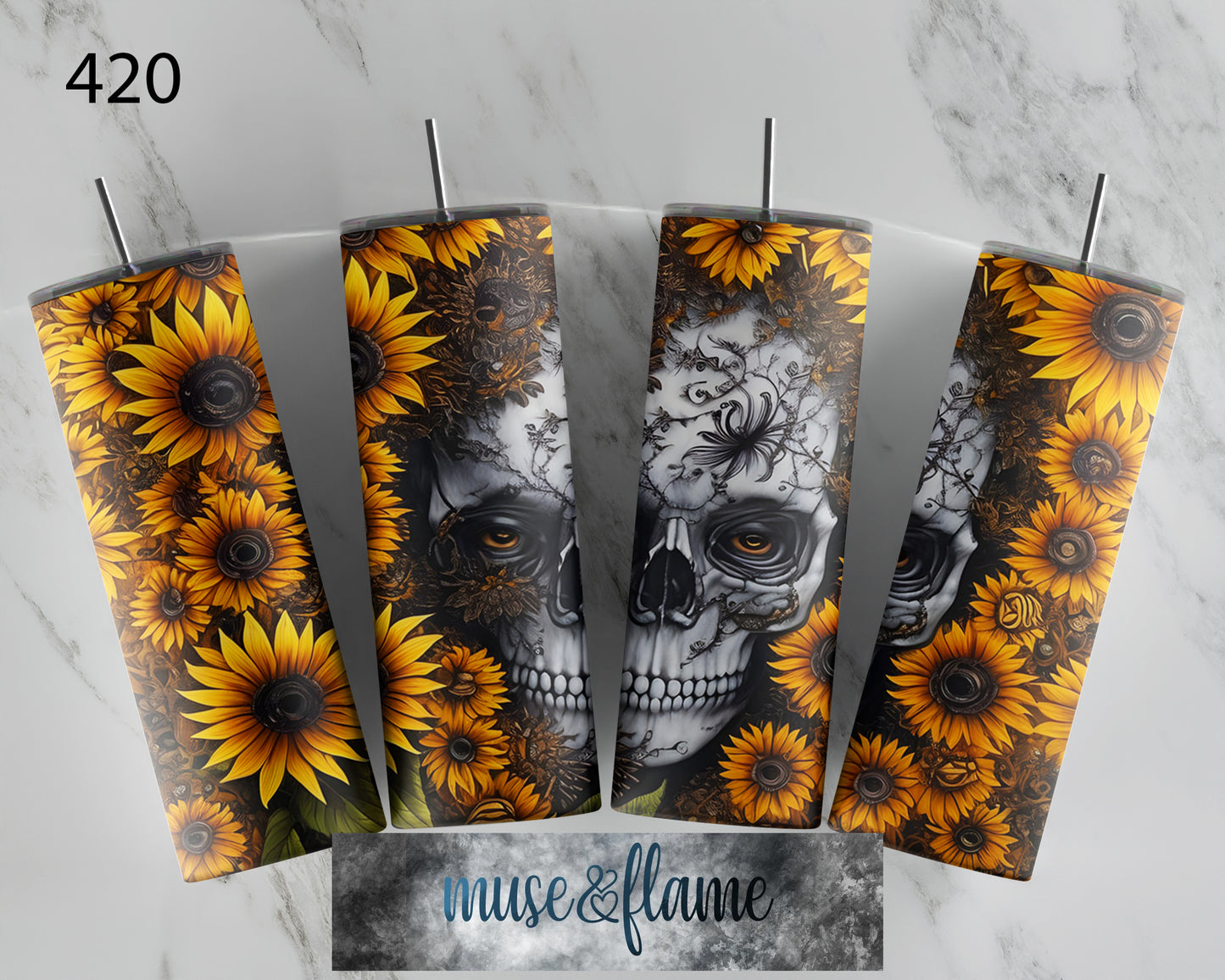 Skull & Sunflowers, RTP Sublimation Tumbler Wrap, 30 oz, 20 oz, 15oz, 12 oz, Sublimation Print