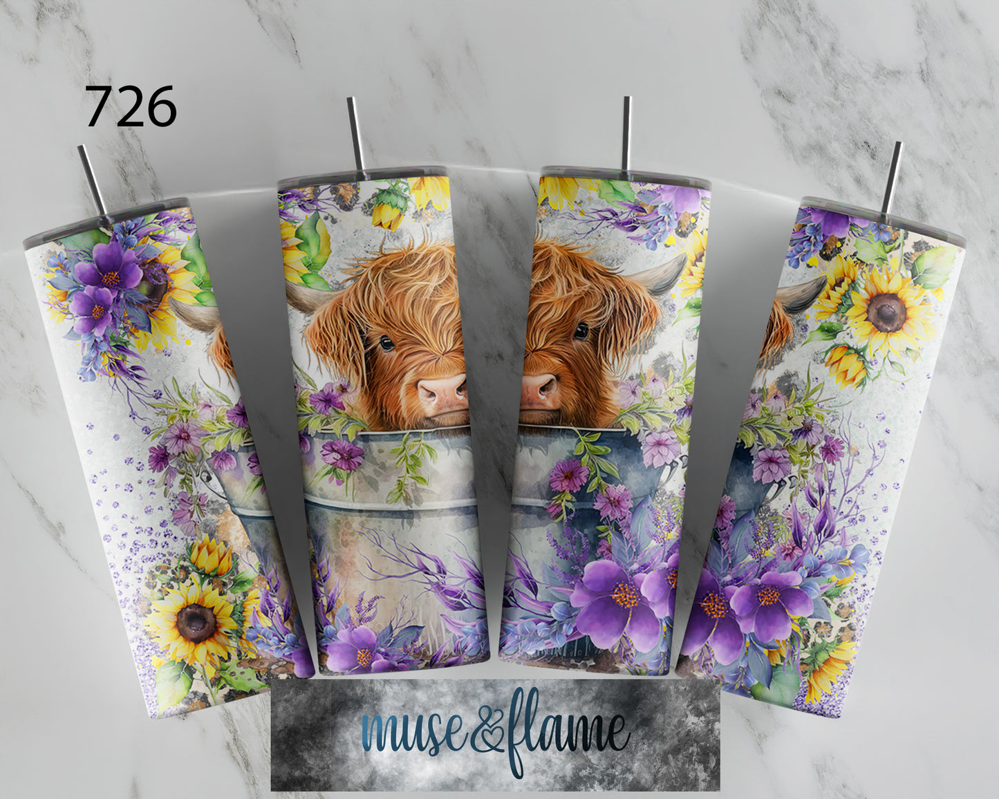 Floral Highland Cow, RTP Sublimation Tumbler Wrap, 30 oz, 20 oz, 15oz, 12 oz, Sublimation Print